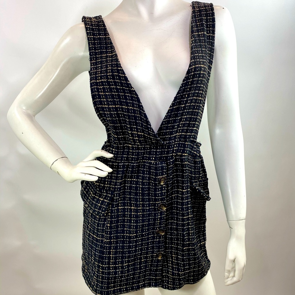 Pocket Front Plaid Tweed Suspender Dress